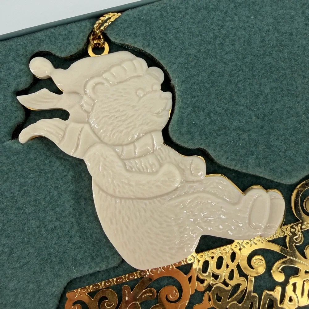 Lenox Ivory Teddy Bear on Gold Sled Baby's First Christmas 1998 Ornament in Box